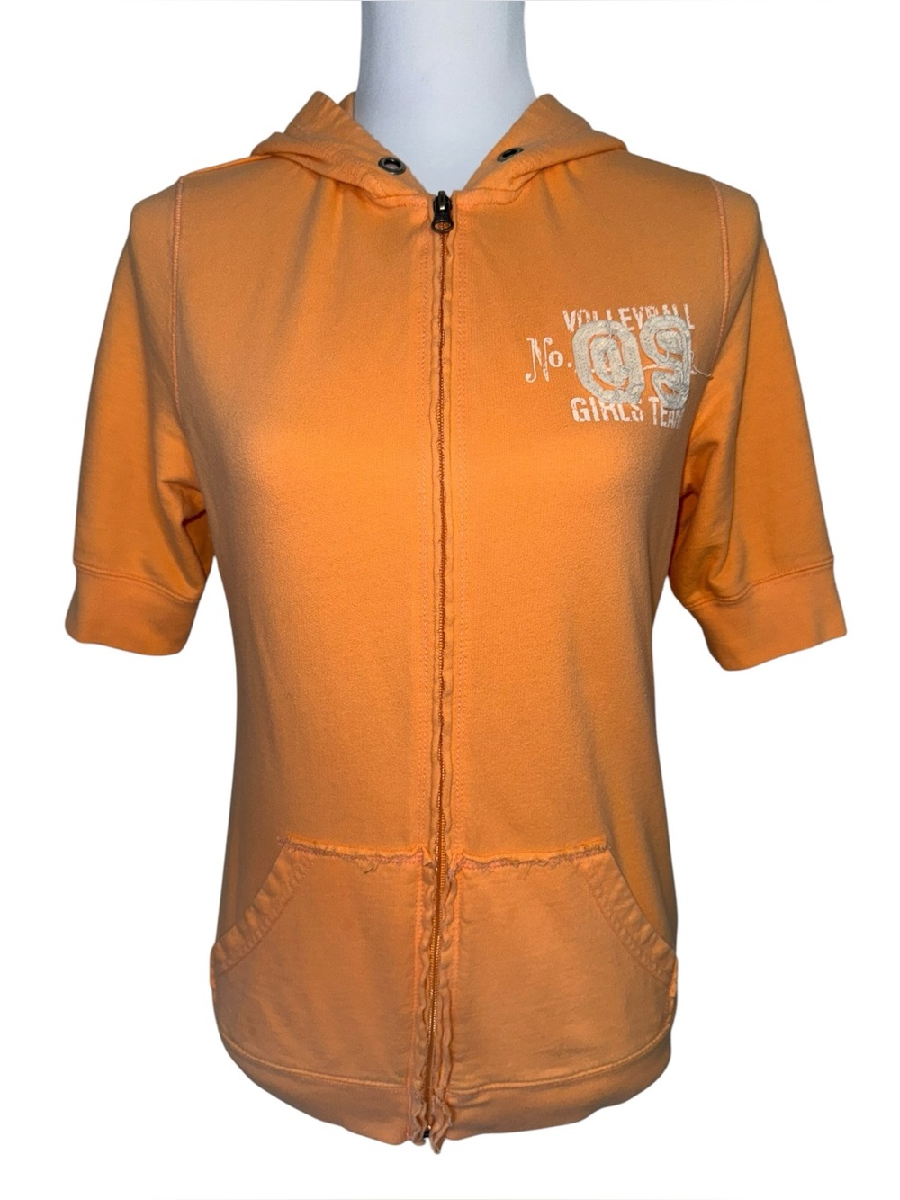 No Boundaries Juniors Large Orange Zip Up Hoodie Short Sleeve Volleyball Y2K